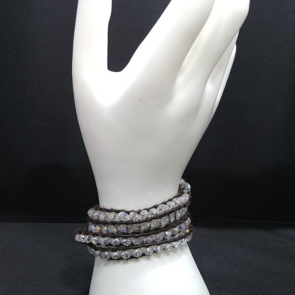 Clear Crystal Wrap Bracelet Necklace 4X Brown Leather Boho Beaded Jewelry - Picture 4 of 7